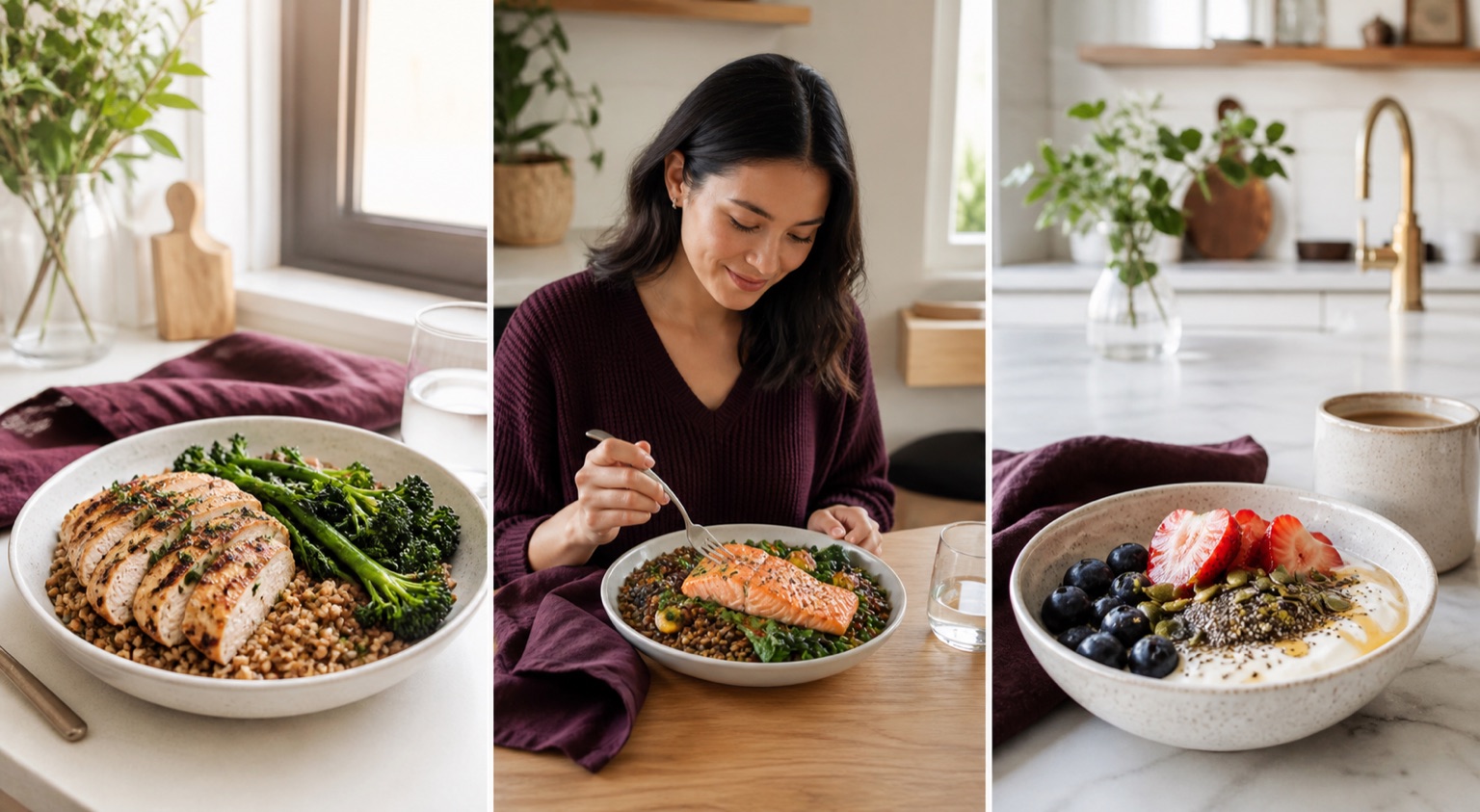 A balanced one-person plate for easy healthy meals for one: protein, fiber and flavor